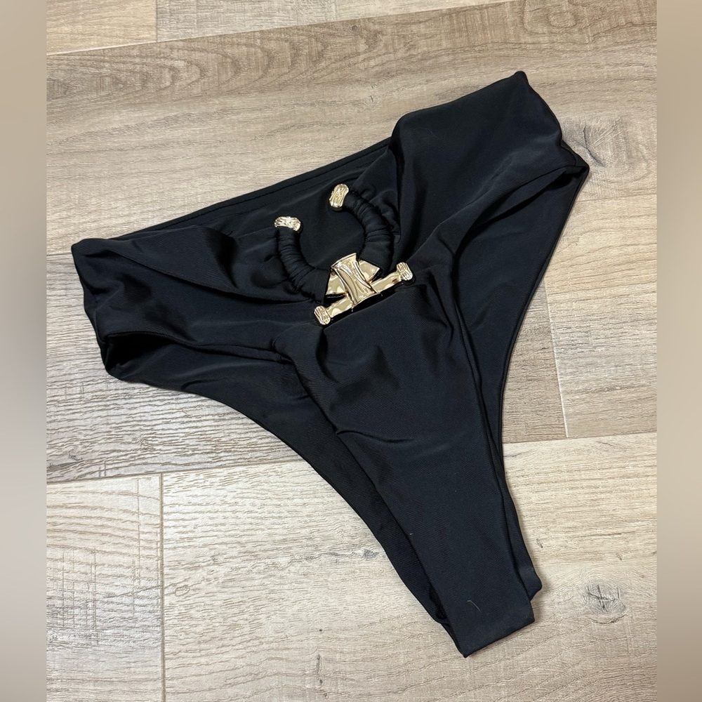 High Rise Cheeky Black Bikini Bottom with Gold Accent